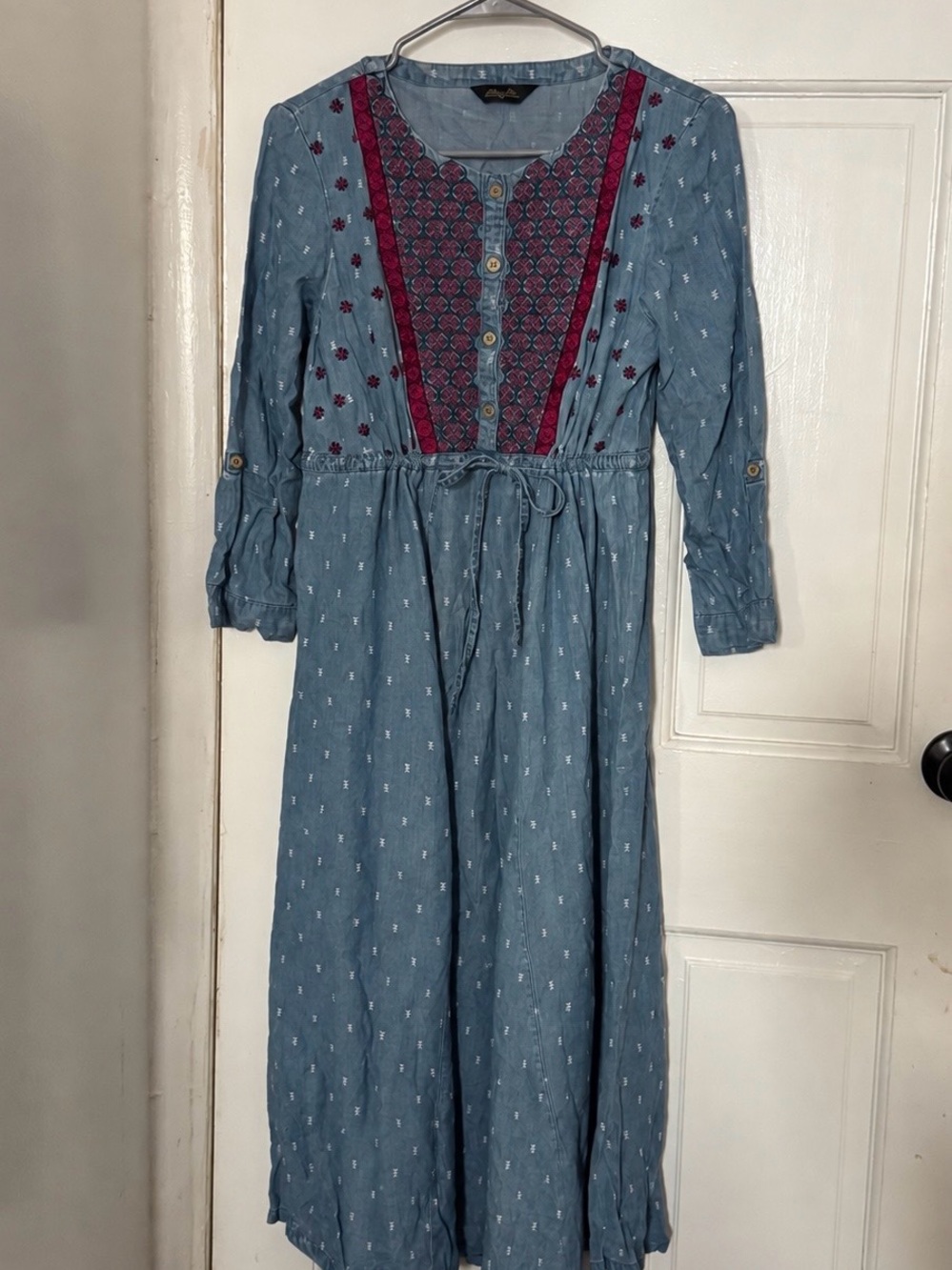 Chambray Embroidered Modest Boho Midi Dress